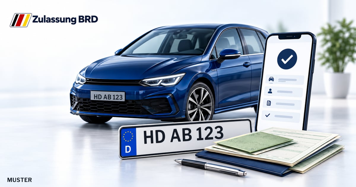 Online Fahrzeugzulassung in Sinsheim: Musterkennzeichen HD AB 123, Auto und Fahrzeugpapiere und Smartphone. Illustration mit Logo von Zulassung BRD.